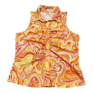 Kontrol boho hippie top, psychedelic orange button-up sleeveless design size XL